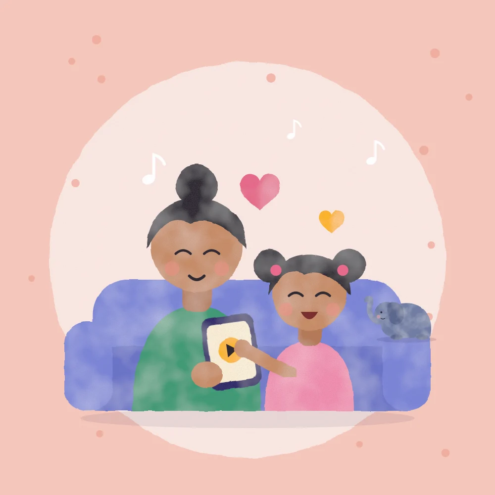 A mum on the sofa with ululu on her phone while her daughter presses play